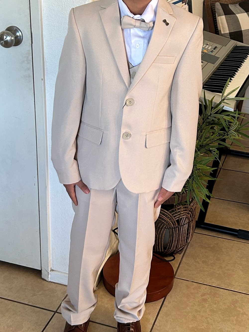 Boys Cream Two-Piece Suit with Vest & Bow Tie